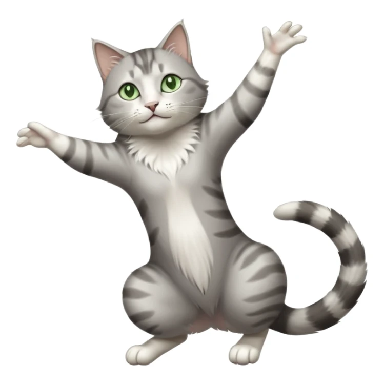 grey and white cat with green eyes doing a big extremely long stretch reaching up into the air with arms and legs side by side together straight and overextended whilst lying on its side sticker
