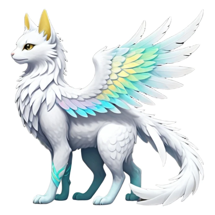 Ethereal Divine White Iridescent Colorful Exotic White, Gold, Yellow, Silver, Beaked Feathery Nocturnal Neon-glowing Abyssal Lightly Heaven-Cat-Gryphon-Suicune-Nargacuga-Silvally-Vernid-Sergal-Fakémon-Hybrid-Creature with tufted tail (full body) sticker
