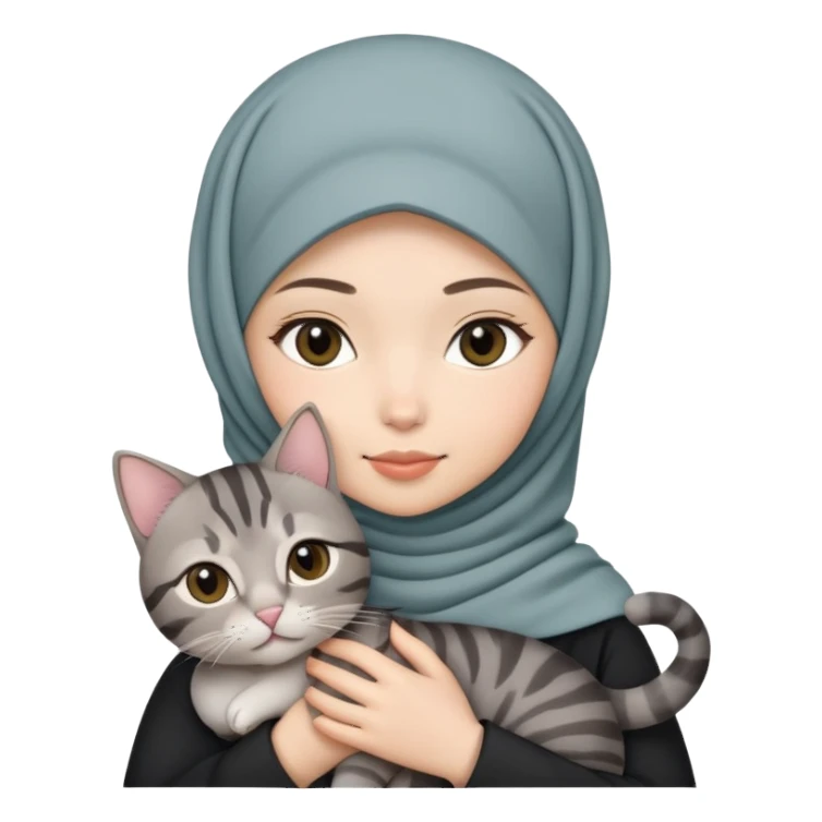 Asian white Hijab girl holding a black grey tabby cat sticker