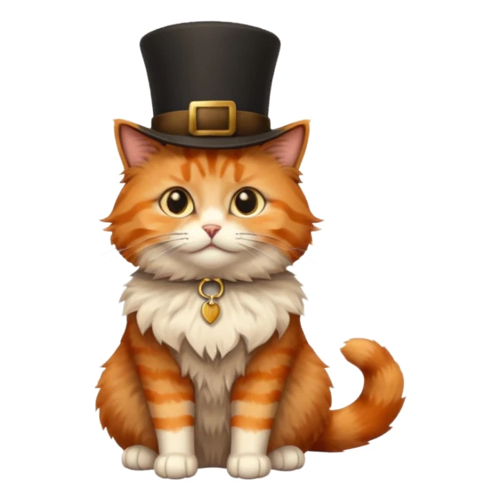 bright orange, black, and brown fluffy cat with a brown tophat, sitting sticker