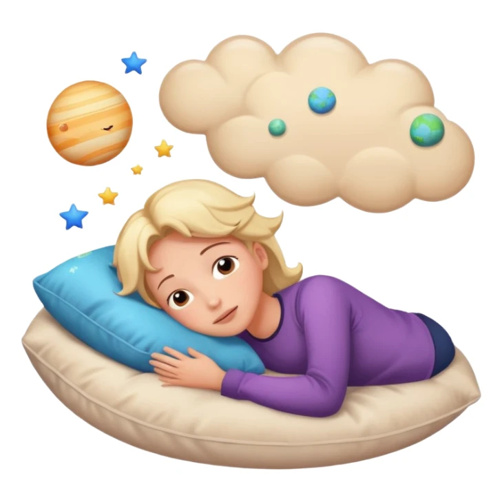 a person lying down with a pillow, dreamy expression, thought bubble with stars and planets sticker