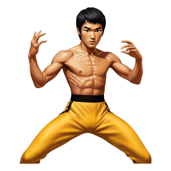 Cinematic Realistic Bruce Lee Portrait Emoji, depicted as a dynamic martial arts icon with an intense gaze and athletic physique caught in a fluid motion, rendered with vivid textures and energetic lighting that embodies his legendary prowess. sticker