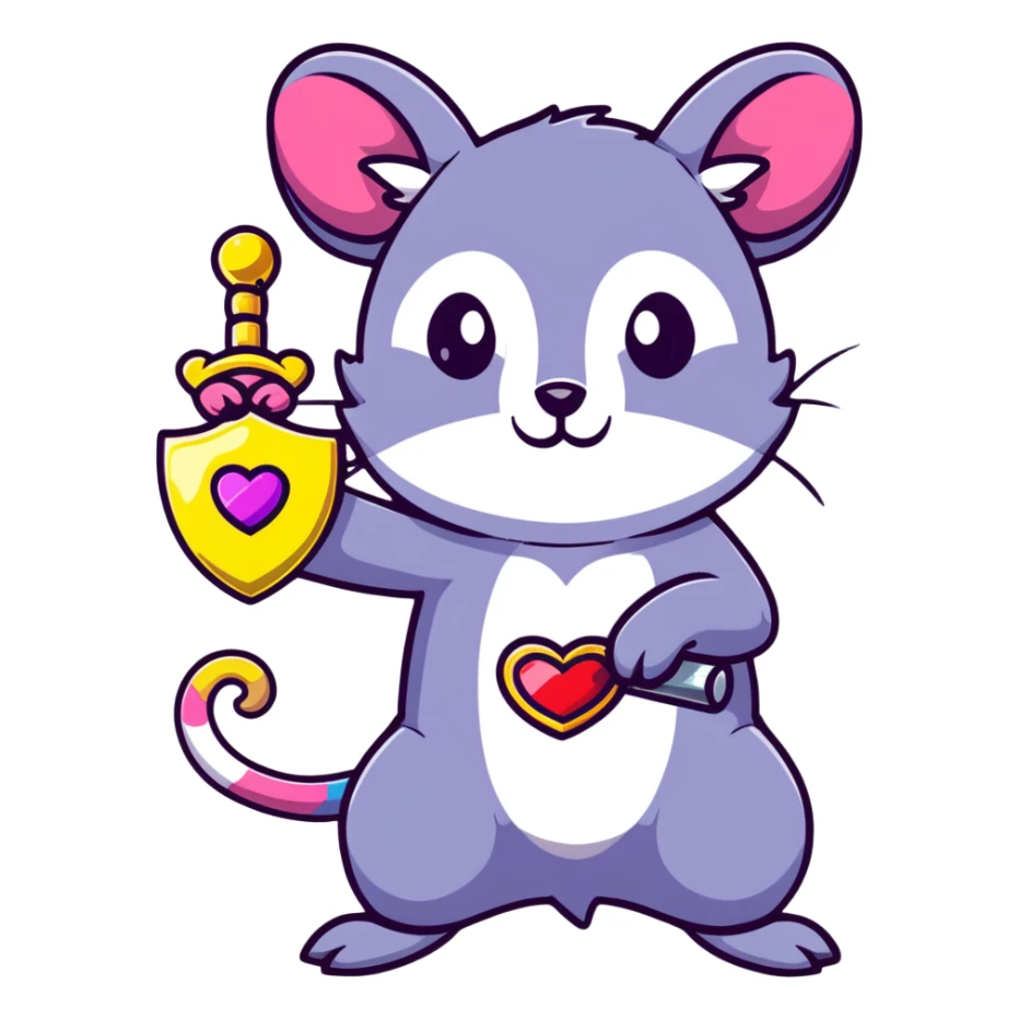 A rainbow-colored possum in heroic pose holding a jewel-encrusted sword, with glitter, hearts, and neon colors sticker