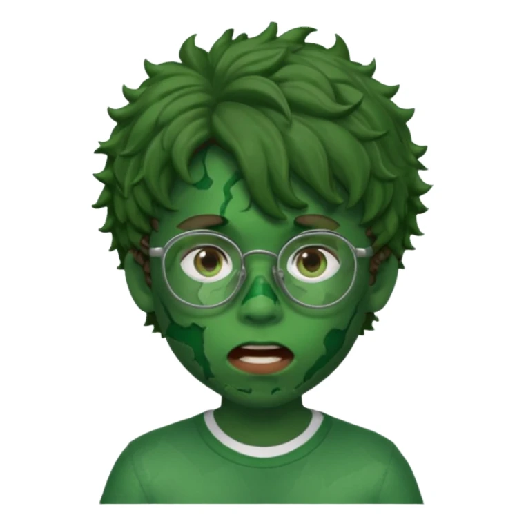crie a imagem de um garoto com estilo memoji de iOS de pele esverdeada com machucados abertos na boca , cabelos cacheados castanhos e oculos. sticker
