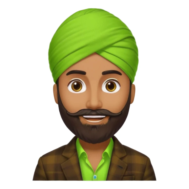 a pretty bratz emoji that looks like a bearded Akshay kumar wearing a neon green turban. Wearing a dark brown flannel blazer with black tshirt underneath.
he should resemble akshay kumar. smiling big sticker