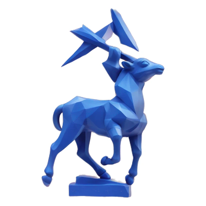 A Sagittarius sculpture with a geometric, faceted design. The Sagittarius is standing upright with angular and baroque features. The vibrant red and blue flame colors highlights the sharp edges and planes. sticker