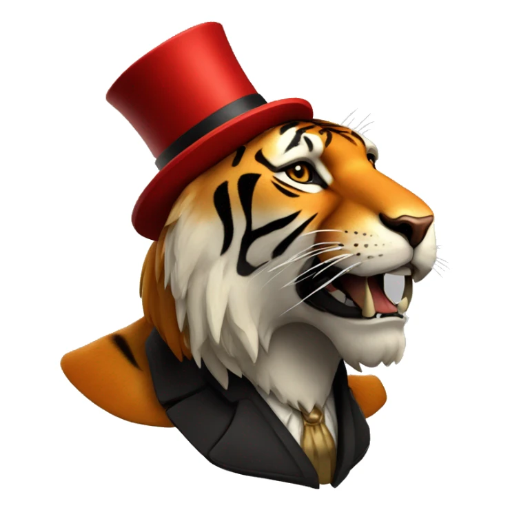 saber tooth tiger with red fur and long canine teeth with a top hat on top  sticker