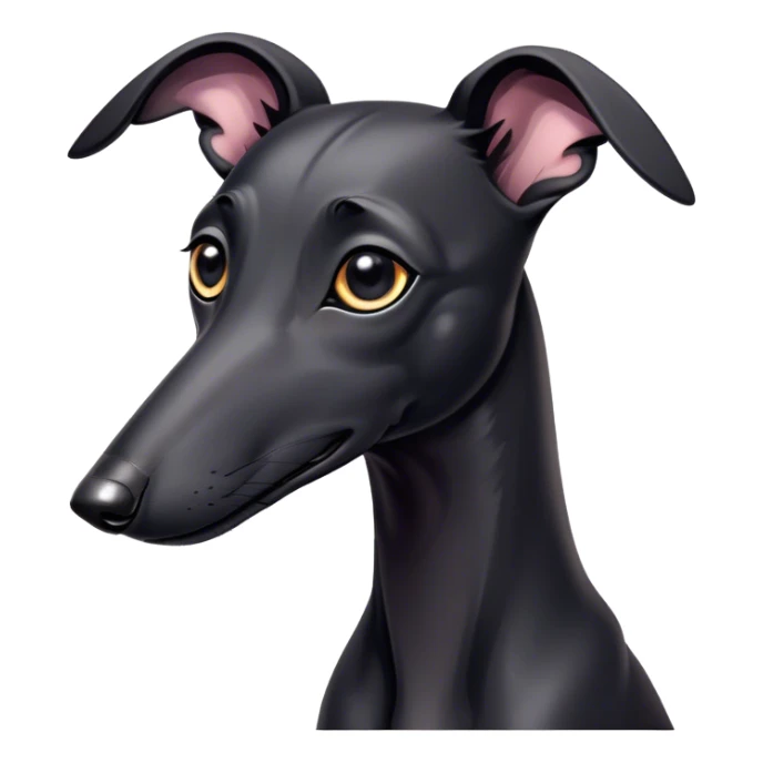 Cinematic Cute Black Greyhound Portrait Emoji, Head tilted playfully and inquisitively, featuring a smooth, shiny jet-black Fur and round, sparkling dark eyes filled with curiosity, Simplified yet irresistibly adorable features, highly detailed, glowing with a warm, friendly glow, high shine, affectionate and agile, stylized with a touch of whimsy, bright and endearing, soft glowing outline, capturing the essence of a mischievous yet loving racer, so playful it feels like it could dash out of the screen and into your arms! sticker