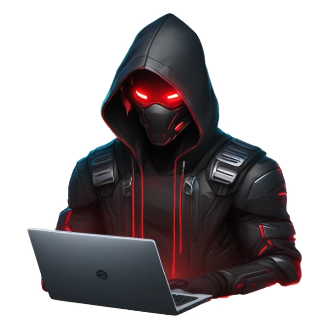developer behind his laptop with this style : crysis Cyberpunk Riot Games Valorant neon glowing bright red character red dark black hooded assassin themed character sticker