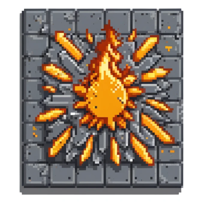 Industrial metal wall explosion tile, slate colored (#334155) metal fragments and debris flying from center, bright orange and yellow flames, metallic sheen on fragments, rivets visible on some pieces, pixel art style sticker