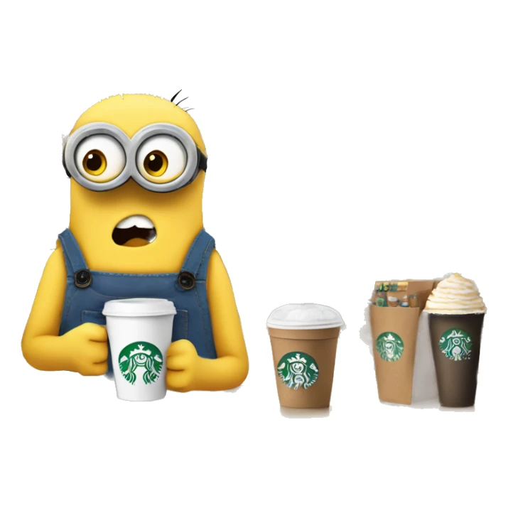 Despicable 4 character mega minion shopping, while drinking starbucks with eyelashes sticker