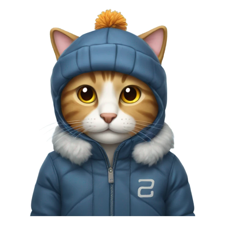 Cat wearing a cold weather jacket, and a cold weather cap sticker