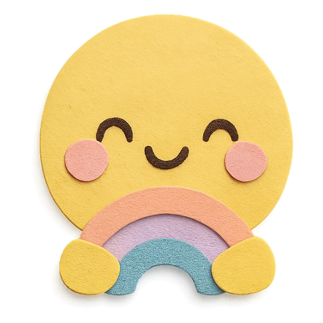 kawaii yellow sun, hugging tiny rainbow arc, soft pastel palette, no arms or legs, transparent background, full body, paper craft style sticker
