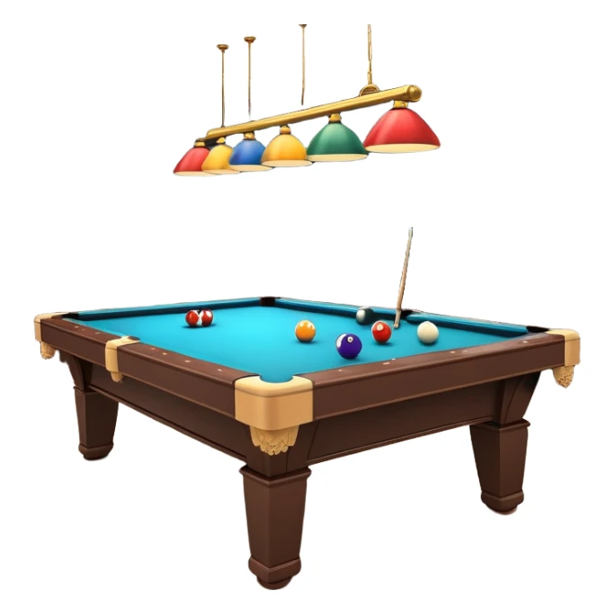 A well-arranged pool table with colorful billiard balls neatly placed, and a cue stick poised to take a shot. The setting is a dimly lit room with a focused atmosphere, highlighting the precision and strategy involved in the game of billiards. sticker