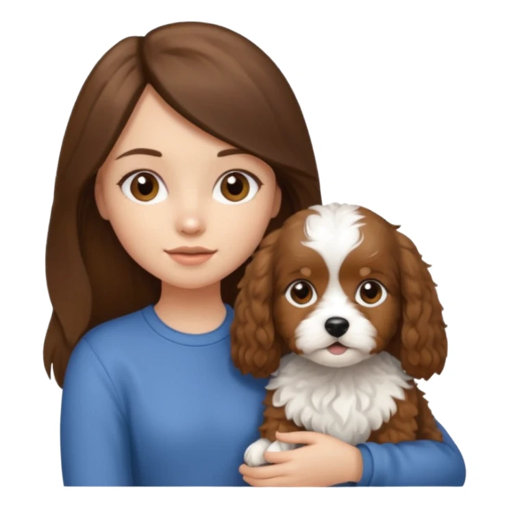 Make a girl with brunette/black straight long hair holding a cavapoo dog sticker