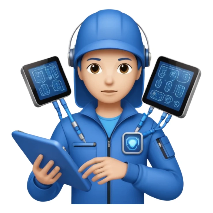 cybernetic person with digital toolkit, digital vibes, blue outfit, average skin color sticker