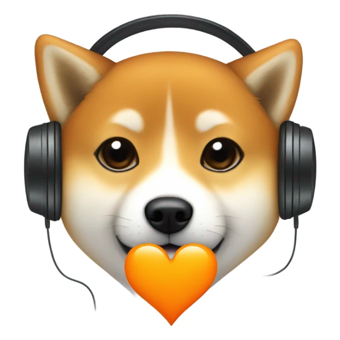 shiba inu in headphones and orange heart sticker