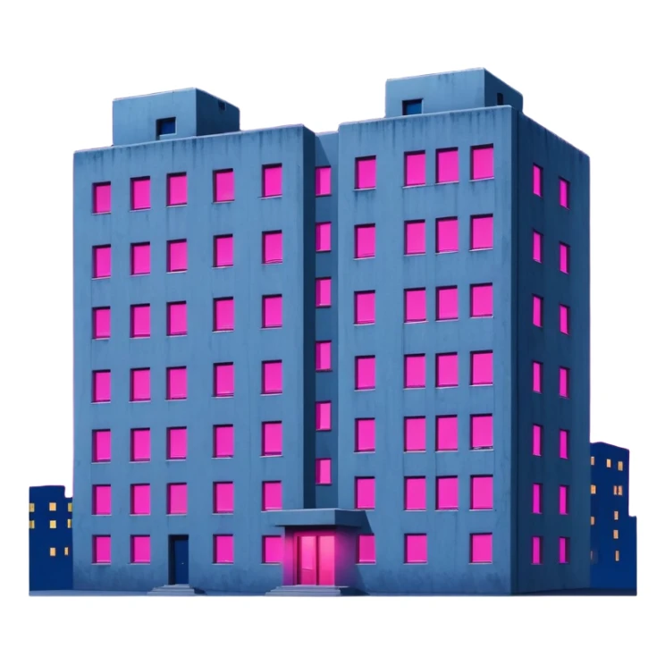 Soviet-style apartment block at night, stark concrete silhouette against dark blue night sky, single window emitting vibrant pink ultraviolet light, ghetto ambience sticker