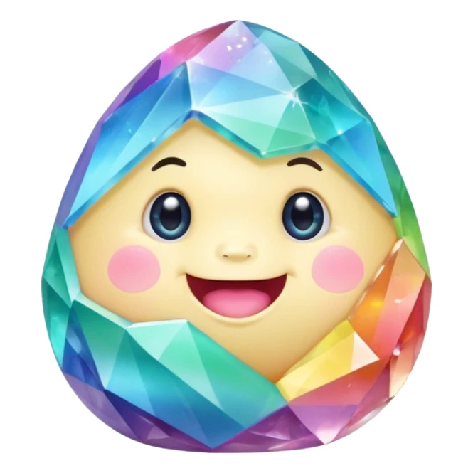 A single pastel rainbow crystal baby rock character, chubby and heavy with a chunky, irregular polygon shape, not egg-shaped, covered in faceted crystal planes and small chips, big glossy rainbow eyes and a small smiling mout sticker