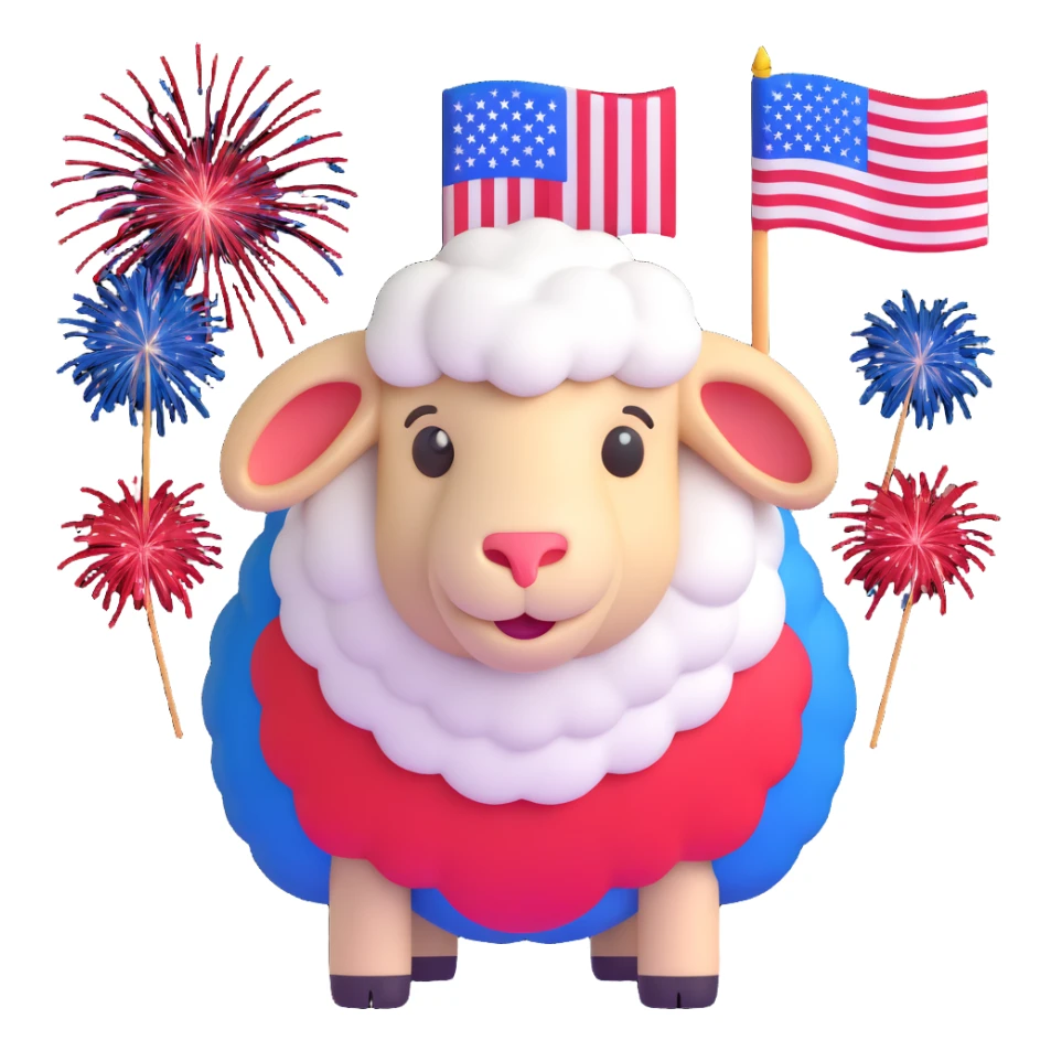 sheep emoji with red, white, and blue decorations, surrounded by fireworks and an American flag sticker