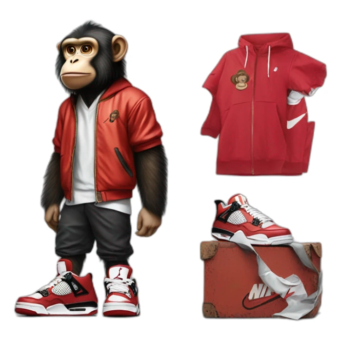 Monkey wearing Jordan 4 on its  feet with a bunch of Nike clothes sticker