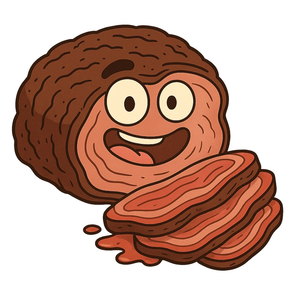 cartoon style brisket, exaggerated juicy slices, bright colors, no background sticker