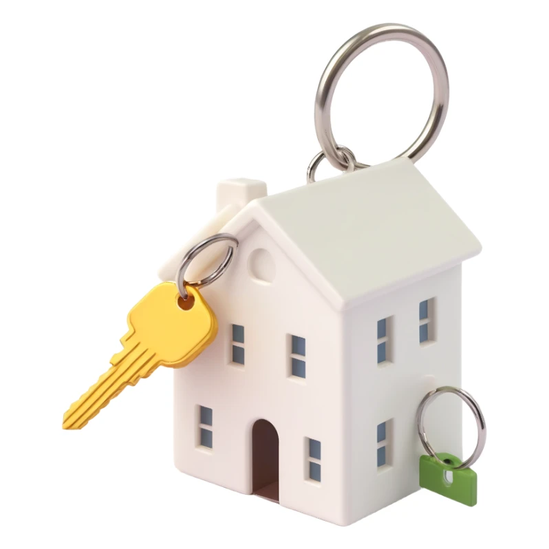 close-up side view of two white keys on a ring with a white house-shaped keychain, 3D Emoji style, soft shadows and highlights, no decoration, transparent background sticker