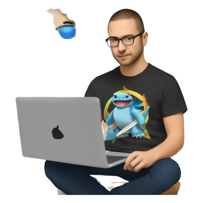 a colombian software engineer wearing a t-shirt with the band metallica. the engineer is writting on a laptop. next to the engineer is a squirtle pokemon that is his pet sticker