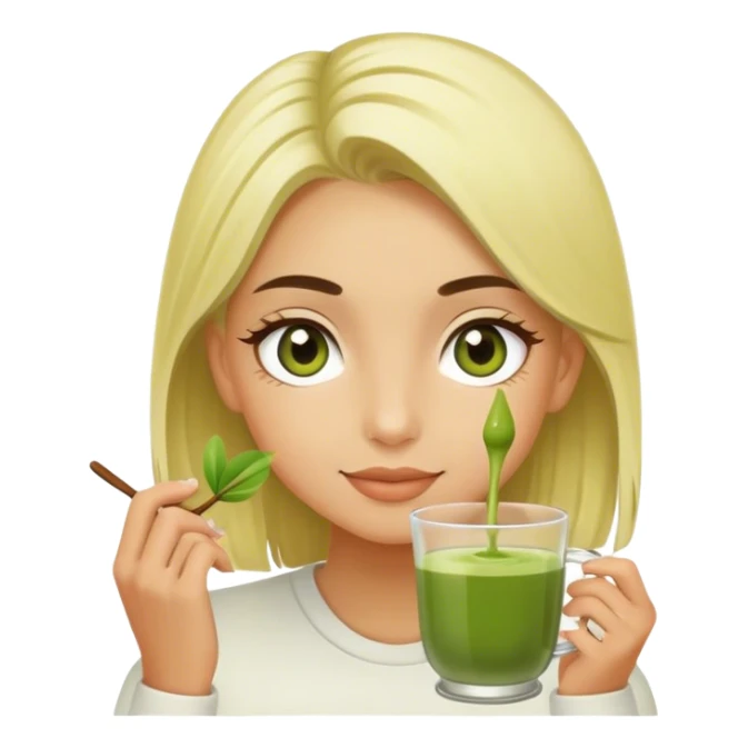 a blondie girl with olive eyes enjoying her matcha sticker