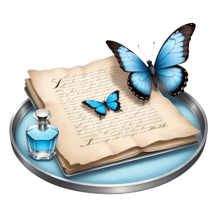 A nostalgic evening scene where an open love letter, with elegantly fading ink, lies next to a silver tray holding a vintage perfume bottle. A single pale blue butterfly lands gently on the aged parchment, as the soft scent of jasmine and peonies fills the air. sticker