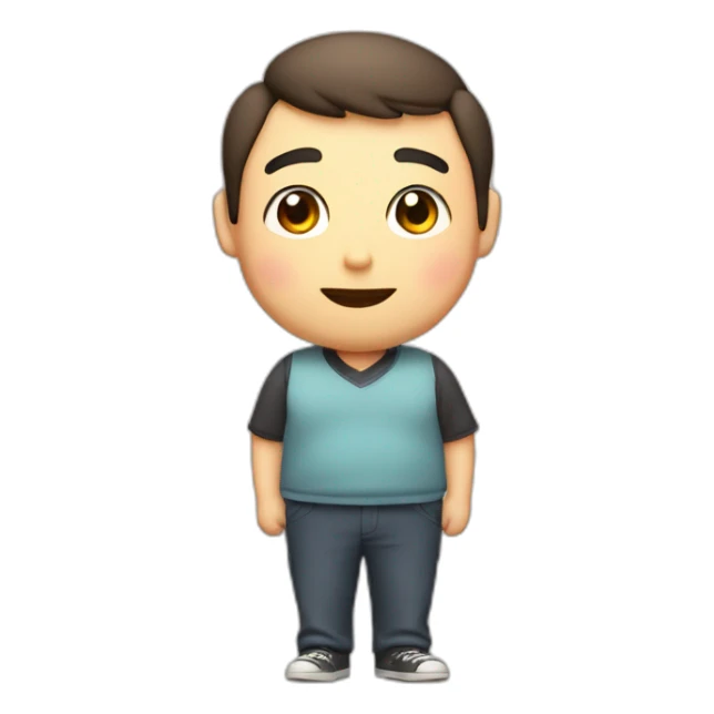 Fat, slightly thin, droopy eyes and eyebrows, thick lips, big head, smiling with a pencil, cute Japanese guy sticker