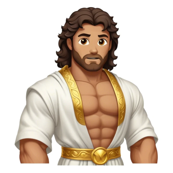 Cinematic Realistic Hercules Portrait, depicted as a classical Greek statue with a robust, muscular build and perfectly chiseled features. His bronze, sun-kissed skin has a timeless, marble-like quality, and his thick, wavy dark hair frames a face exuding determination and quiet nobility. Draped in a flowing white robe with subtle golden accents, the portrait is rendered under dynamic natural lighting that highlights every sculpted detail and evokes the majesty of ancient myth. sticker