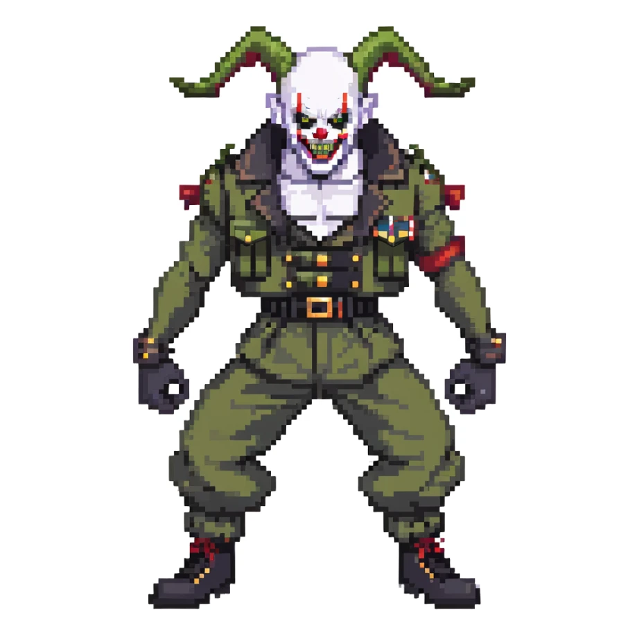 evil clown soldier, bald, short black devil horns on forehead, fangs, pointed ears, black and military green clothes with bellbottom pants, realistically proportioned, less bulky, full body, fighting stance sticker