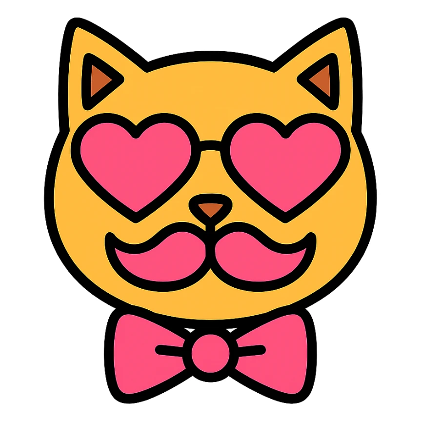 cat with pink heart sunglasses, pink moustache, and pink bow sticker