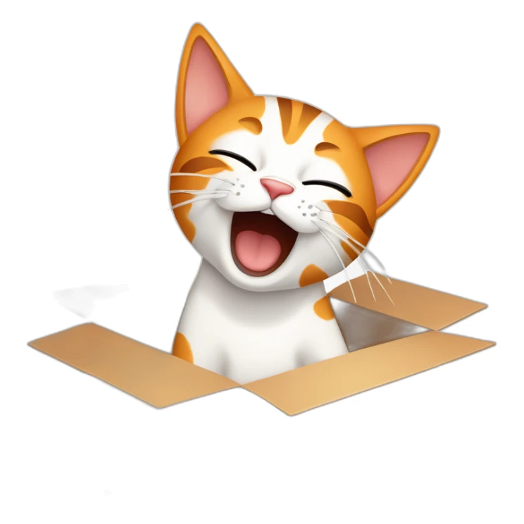 Cartoon art, a cat inside a box, yawning or stretching, simple lines, bright colors, white background, orange, white, and brown colors sticker