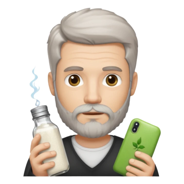 white man salt and pepper hair beard holding a white matease sticker