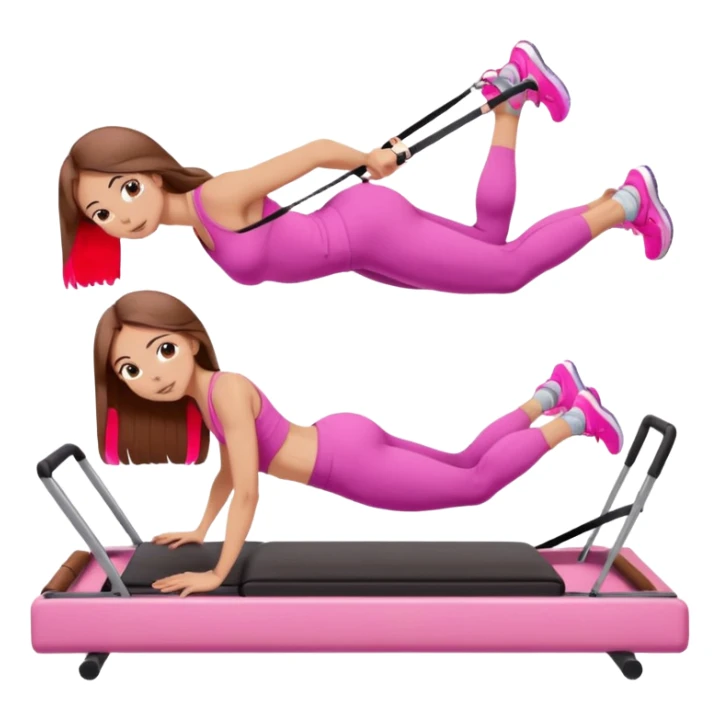 one girl doing a plank on a pilates reformer in a pink workout set with long brown hair sticker