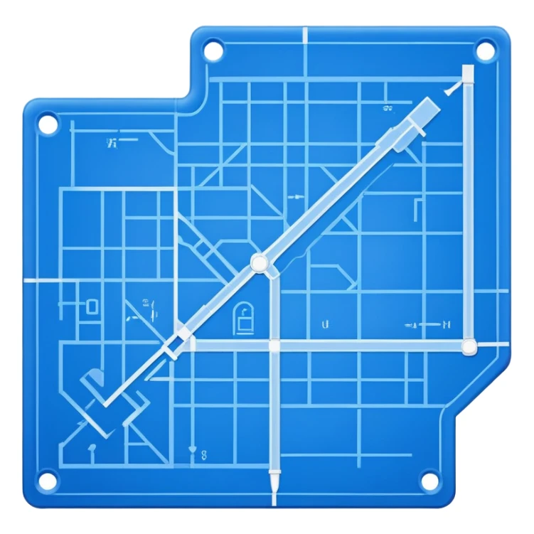 blue blueprint with a dashed line connecting a start point and a destination point sticker