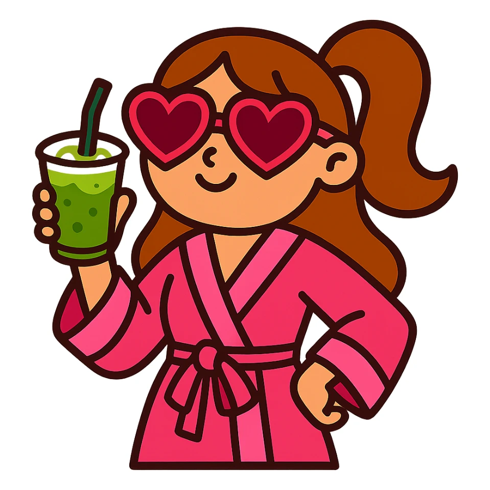 girly girl in pink robe with heart sunglasses, holding matcha sticker
