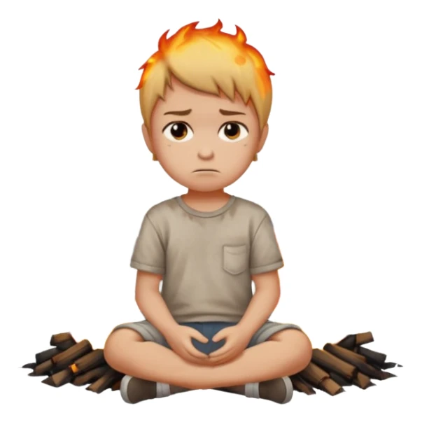 small child sitting sadly with a street on fire behind him sticker