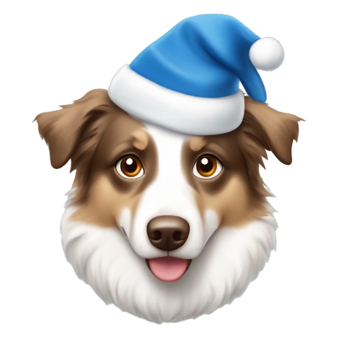 White and light brown Australian shepherd with one brown eye and one blue eye in a Christmas hat sticker