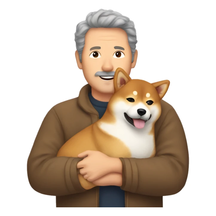 Shiba-inu cuddles middle age man with curly brown hair  sticker