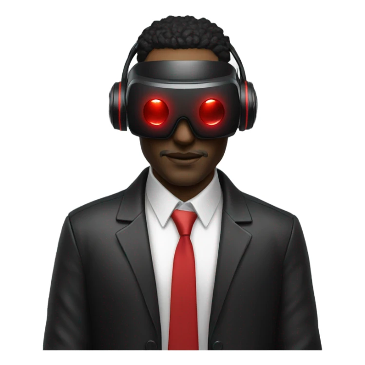Cyberpunk man wearing black suit, red VR headset sticker