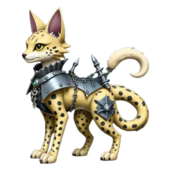 Epic complex detailed dark dusky gloomy deep gothic, realistic Fakémon-Sprigatito-Floragato-Meowscarada-Trico-Sergal-Serval-Vernid-creature (full body) with metal gears and metal knight collar sticker