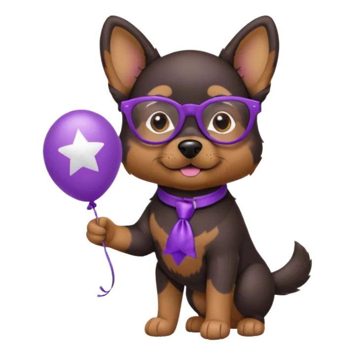 dog holding purple star balloon in hand with black glasses sticker