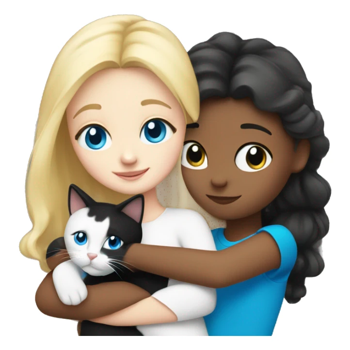 Blonde girl blue eyes hugging black and white cat sticker