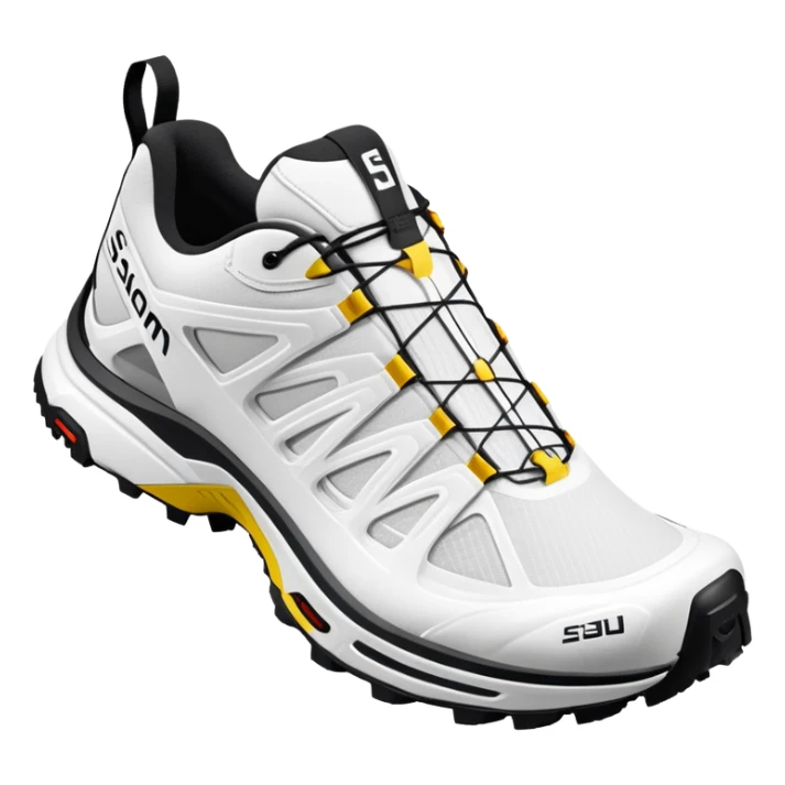 White Salomon XT-6 Gore-Tex trail running shoes, one positioned behind the other, simplified iOS emoji style, technical outdoor sneakers with trail sole, clean white colorway, minimalist design sticker