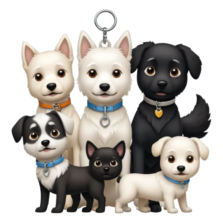 Four white dogs hanging a black dog with a collar sticker