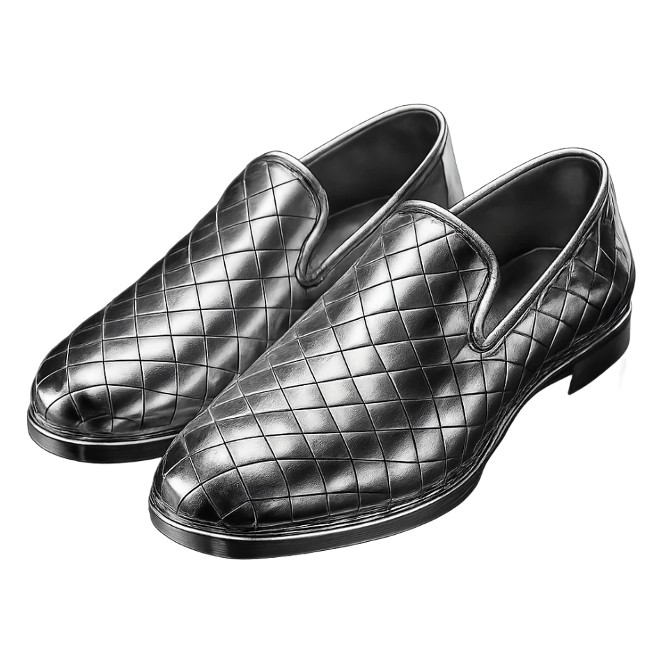 Bottega Veneta shoes in 3D chrome style, highly reflective metallic look, with signature woven texture, simple background sticker