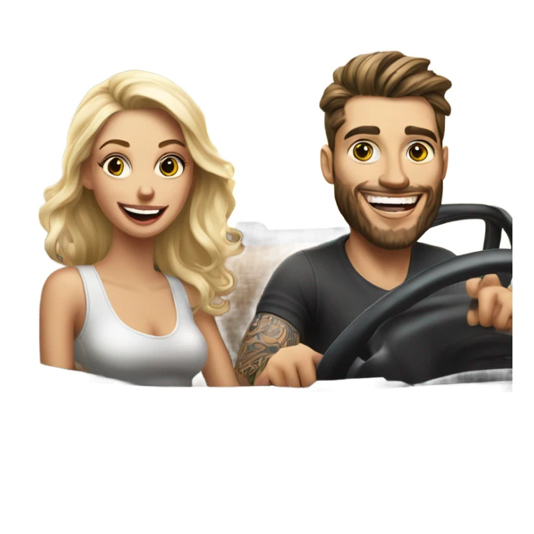 Hyper Realistic beautiful woman and a handsome tattooed man laughing while driving in a fancy car sticker